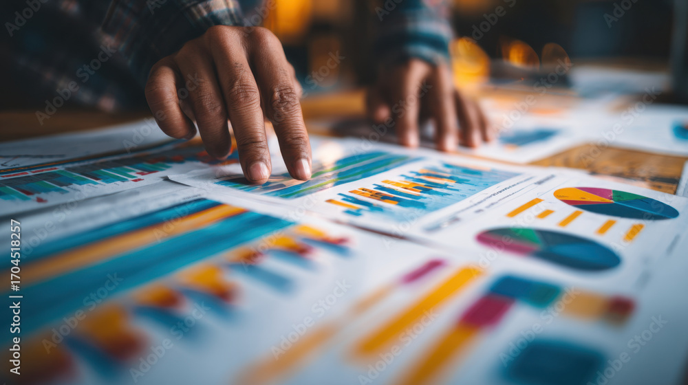 Poster analyzing data through colorful charts and graphs, person examines various reports on wooden table, 