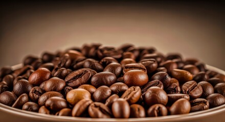 Fototapeta premium Roasted Coffee Beans Close Up Aroma and Texture with Brown Tones Background.