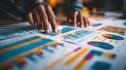 Fototapeta premium Analyzing data through colorful charts and graphs, person examines various reports on wooden table, showcasing importance of visual data representation in decision making
