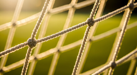 Close up macro shot of a soccer goal net with golden sunlight and green background