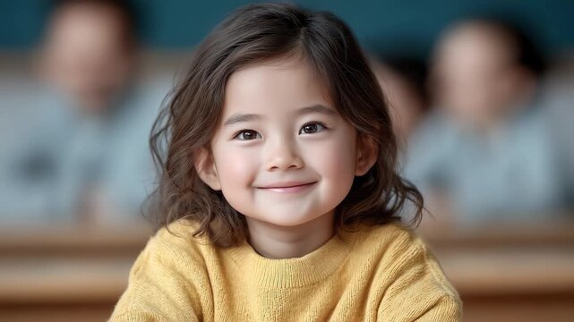 Close-up of Smiling Asian Girl in Classroom