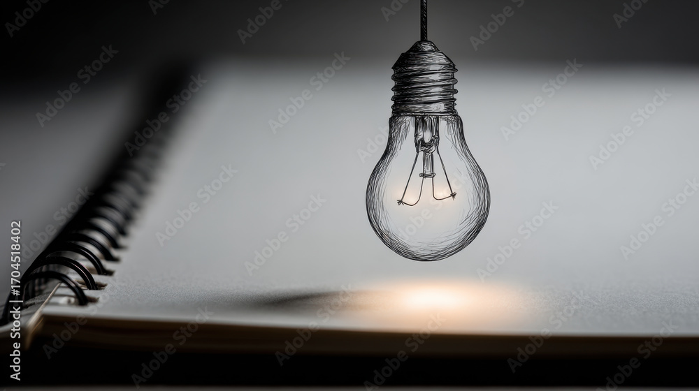 Poster light bulb illustration hangs above blank notebook, casting soft glow on page. artistic design combi