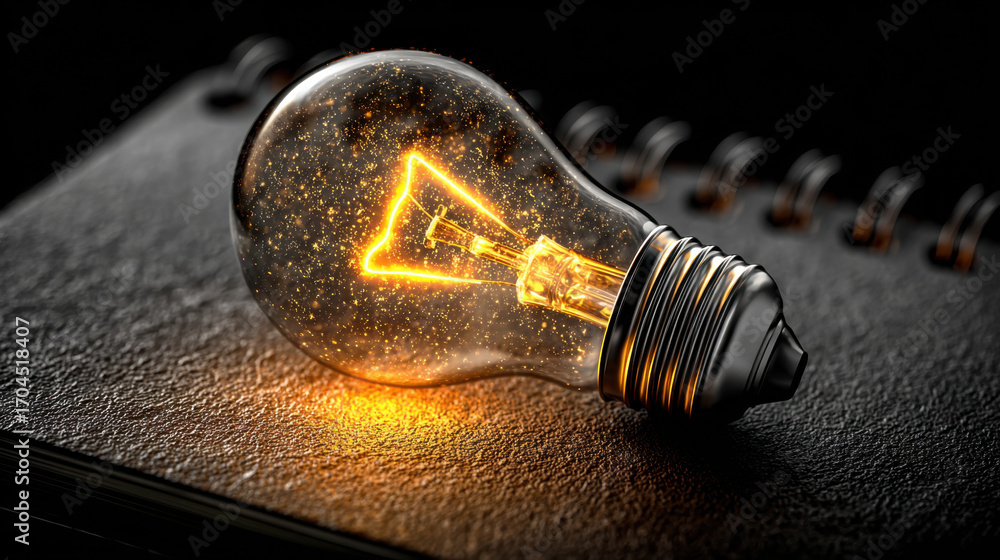 Poster Glowing light bulb rests on textured notebook, illuminating dark surroundings with warm, golden glow. intricate details of bulb filament and sparkles within create captivating visual
