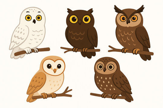 Cartoon owl vector illustration with snowy, horned, barn, and spotted owls on branches