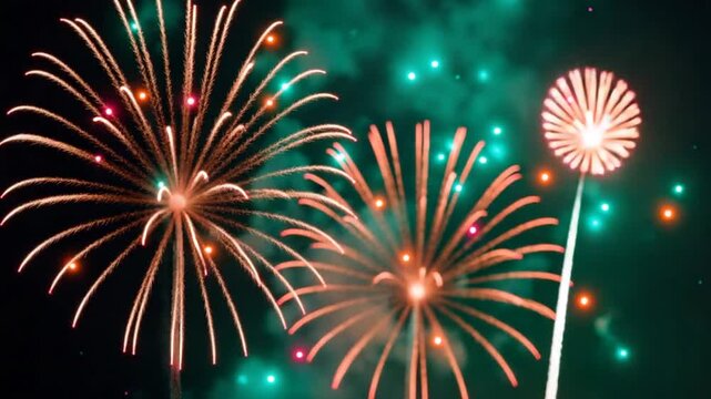 Christmas fireworks at night. 4k video abstract background. Copy space