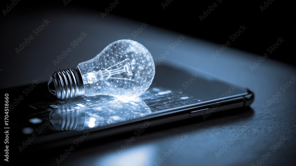Poster glowing light bulb rests on smartphone, symbolizing innovation and technology. bulb intricate design