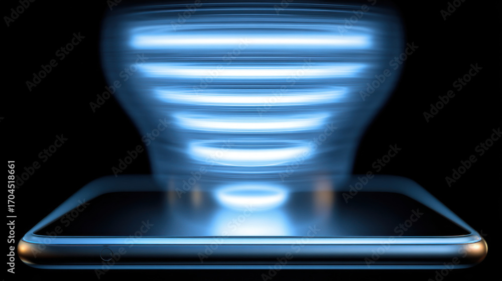 Poster smartphone with swirling light effect emanating from its screen, creating dynamic and futuristic app