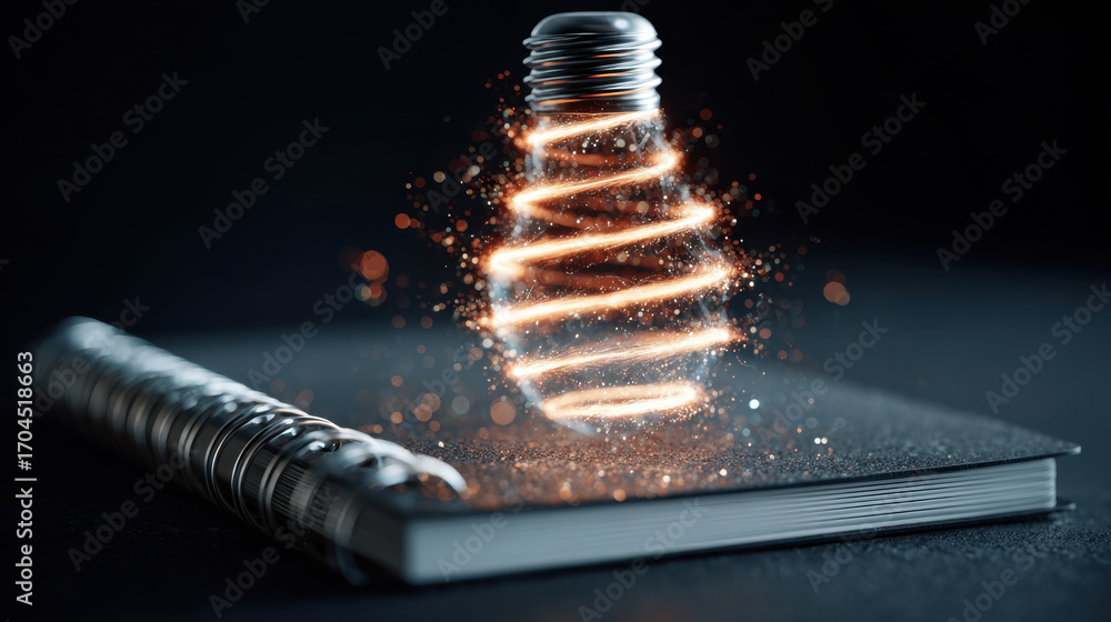 Poster glowing light bulb appears to float above notebook, surrounded by spiral of shimmering light. scene 