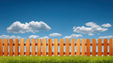 Fototapeta premium Wooden Fence Separating Green Grass Under a Blue Sky With White Clouds During the Daytime