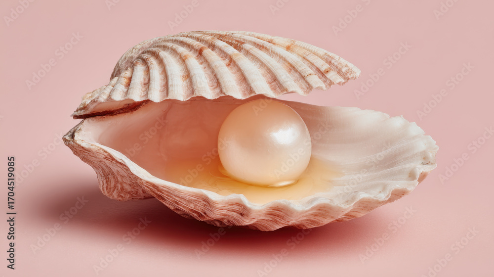 Poster beautiful seashell opens to reveal lustrous pearl nestled inside, set against soft pink background. 