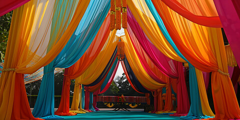 Vibrant colorful fabric drapes create a festive pathway for an outdoor celebration