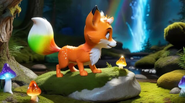 A cartoon fox is standing in front of a tree. The fox is smiling and he is happy