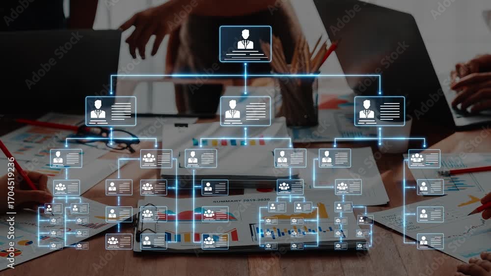 Aufkleber a modern organizational chart displayed digitally, showing teamwork and planning with graphs and cha