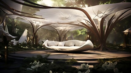 Dreamy Sanctuary: A surreal living space in a forest setting evoking tranquility and imaginative
