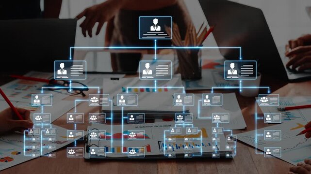 A modern organizational chart displayed digitally, showing teamwork and planning with graphs and charts, highlighting collaboration and effective management strategies. Raster