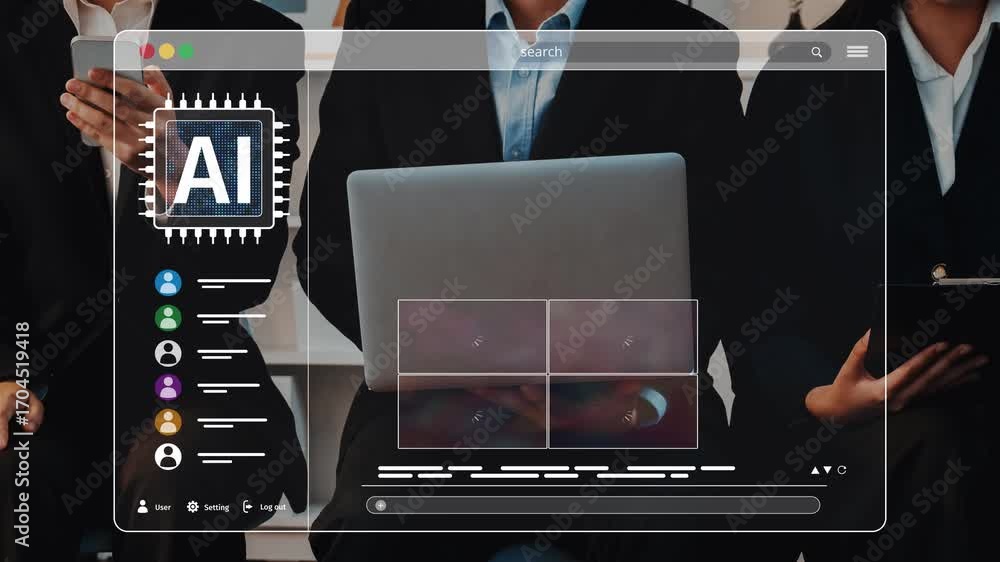 Poster a dynamic digital interface showcasing ai technology in a collaborative business setting, highlighti