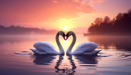 Fototapeta premium Romantic swans forming a heart shape on a tranquil lake at sunset.