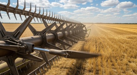 Medium shot of machinery blades adjusting angles smoothly to optimize cutting for various crop types in changing field conditions.