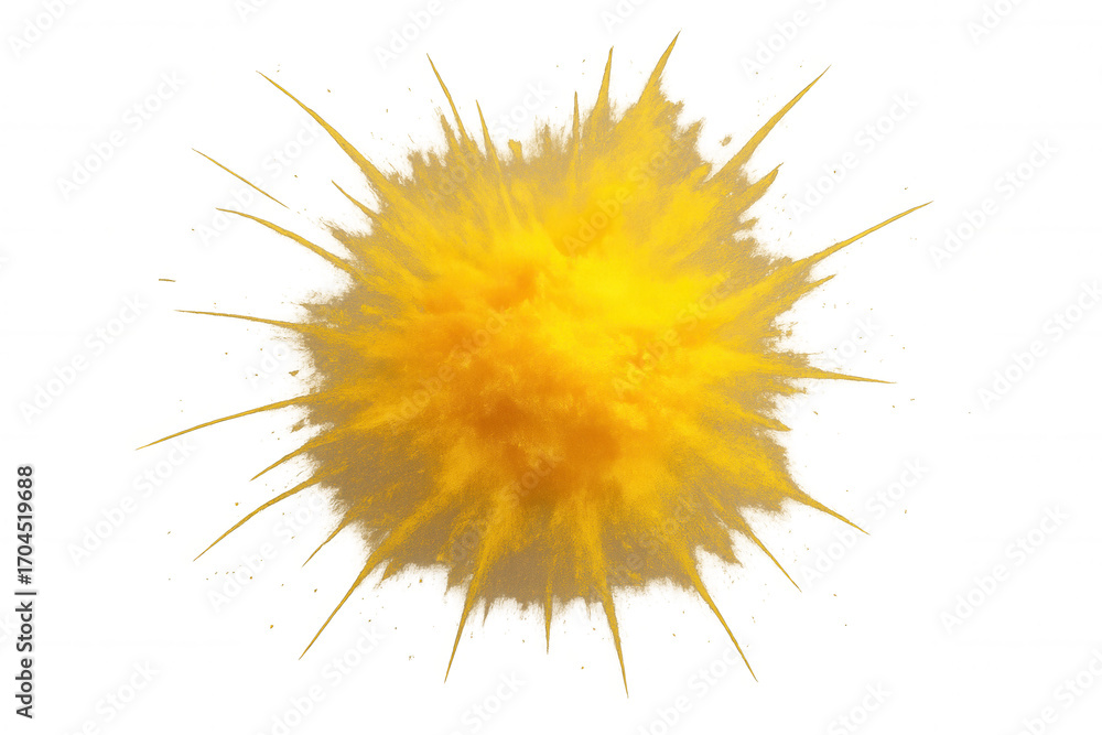 Poster yellow powder creating a burst effect on a transparent background, ideal for compositing and adding 
