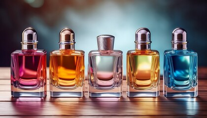 Colorful Glass Perfume Bottles On Wooden Surface With Silver Caps