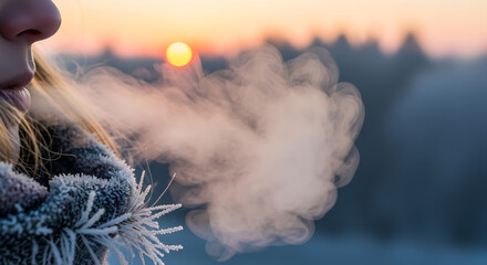 Close up of a person exhaling visible steam in frosty winter air against a blurred sunset landscape evoking coldness and crisp atmosphere