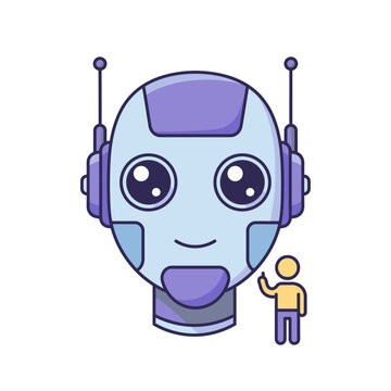 Modern Cartoon Style Robot Head with Antennas and a Tiny Human Waving, Representing Artificial Intelligence and Human-Machine Connection