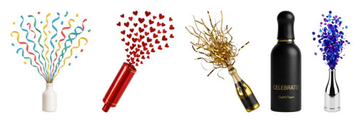 Confetti poppers set including colorful ribbons, red hearts, gold tinsel, and blue round confetti isolated. Festive celebration collection.