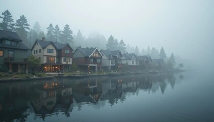 Row of houses along a lake shore shrouded in dense fog, reflecting in the calm water.