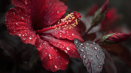 Vibrant red hibiscus flower with droplets of water on its petals, showcasing intricate details and rich colors. lush green leaves provide beautiful contrast, creating captivating natural scene