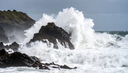 Powerful waves crashing against rocks