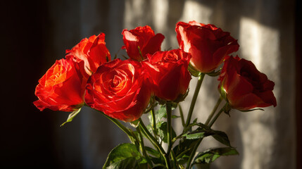 Obraz premium Beautiful red roses arranged in bouquet, showcasing their vibrant colors and delicate petals. soft lighting enhances romantic and elegant atmosphere, making it perfect for any occasion