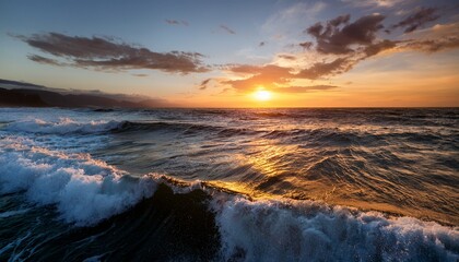 Fototapeta premium Close Up Of Ocean Waves With A Sunset In The Background Creating A Serene And Peaceful Atmosphere