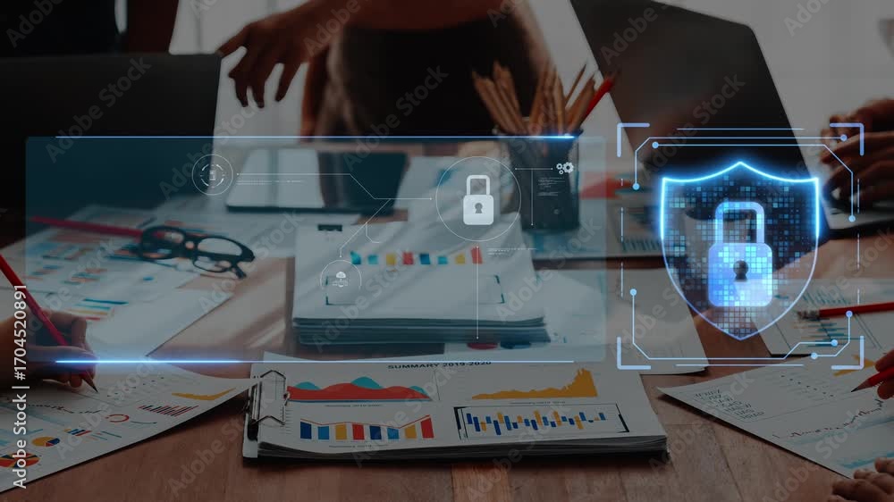 Poster secure data protection concepts in modern business environment with digital lock symbols over workst