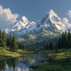 Snow Capped Mountain with Trees and Reflection in Water