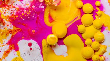 Colorful abstract liquid art background with pink yellow orange bubbles, vibrant psychedelic fluid paint texture, bright modern creative design