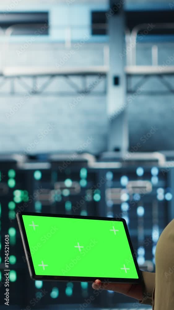 Aufkleber vertical video admin in data center using green screen tablet to deploy new server architecture. ser