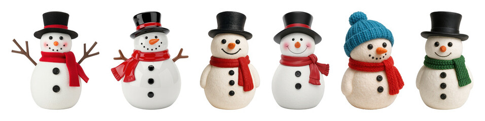 Snowman set including variations with top hats, knitted beanies, and colorful scarves isolated. Winter holiday season decoration.