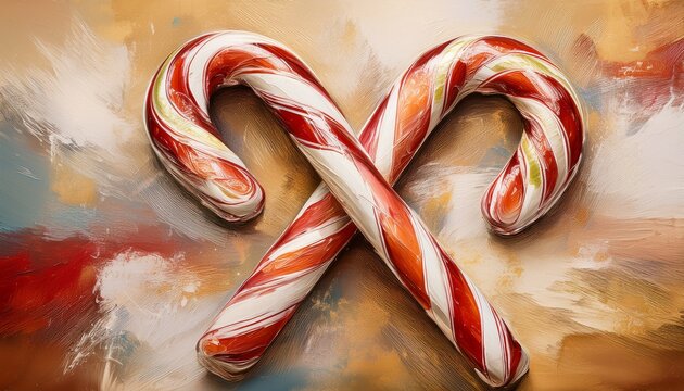 Christmas Candy Canes Two Candy Canes Artfully Crossed Against A Backdrop Of Abstract Painted Brushstrokes In Earth Toned Hues Conjuring Holiday Warmth And Joy