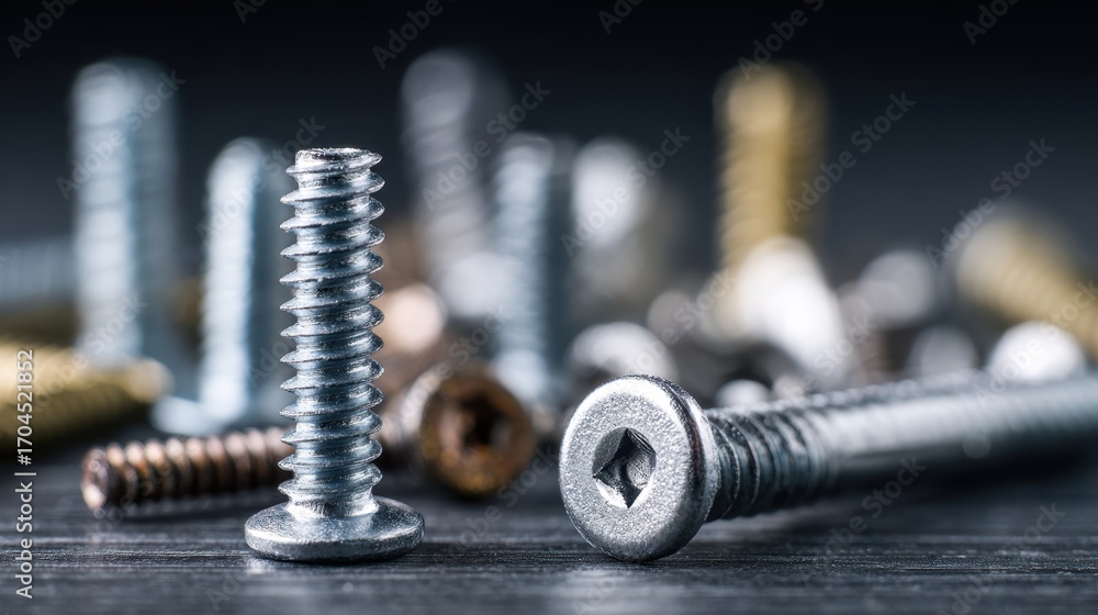 Poster focused view of a single screw head in the foreground with an outoffocus collection of different siz