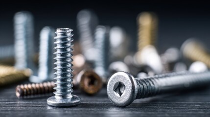 Focused view of a single screw head in the foreground with an outoffocus collection of different sized nails and screws showcasing hardware selection options.