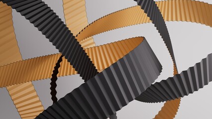 Decorative zigzag ribbon sculpture with golden folds on light background. 3d render illustration.