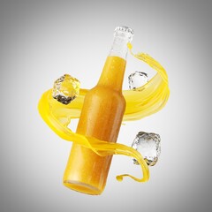 3d render of a glass bottle with orange juice inside it and yellow dynamic spiral splashing liquid twisted around it, with ice cubes. Illustration of a refreshing beverage isolated on white background