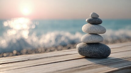 Stacked Stones On Wooden Platform At Seashore At Sunrise