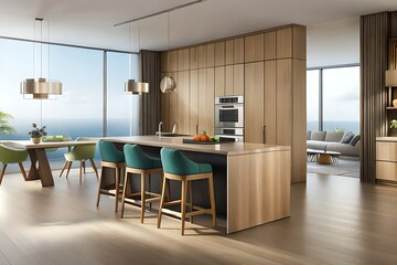 Contemporary kitchen and dining area showcasing bright interior design and ocean views enhancing