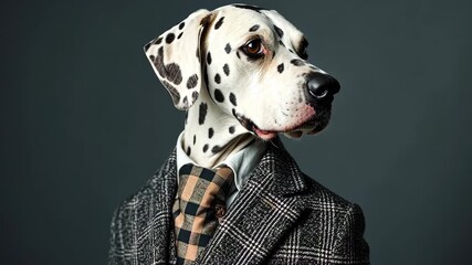 Stylish Dalmatian: A dapper Dalmatian, dressed in a tailored suit and tie, exudes sophistication, posing against a minimalist backdrop, its expressive gaze adding a touch of charm.