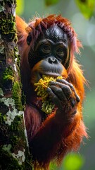 Fototapeta premium Orangutan eating in a jungle