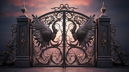 Elaborate wrought iron gate with phoenix sculptures and ornate details against a twilight sky