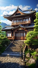 Majestic traditional japanese architecture blending seamlessly with nature's tranquility scenery