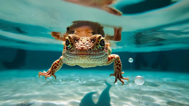 Frog's Aquatic Escapade: A charming frog takes a refreshing dip in a clear water pool, showcasing its amphibious agility and providing a unique perspective of this fascinating creature in its element.