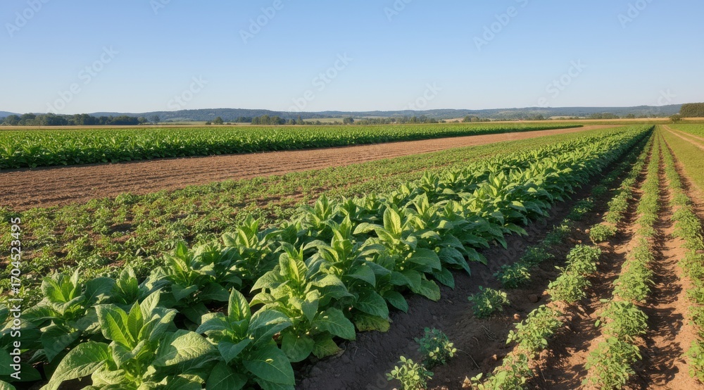 Poster medium shot showing a field with tobacco crops in distinct rows practicing crop rotation to maintain